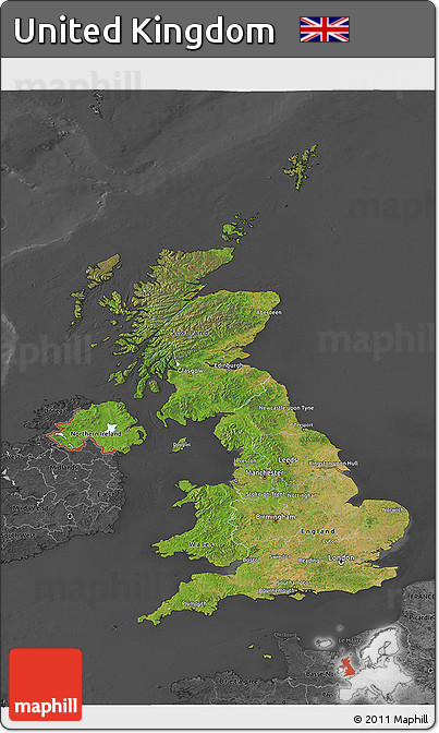 Satellite 3D Map of United Kingdom, darken, desaturated