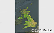 Satellite 3D Map of United Kingdom, darken, semi-desaturated