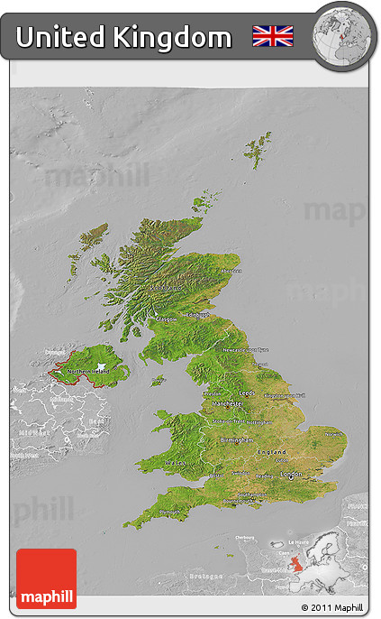 Satellite 3D Map of United Kingdom, lighten, desaturated