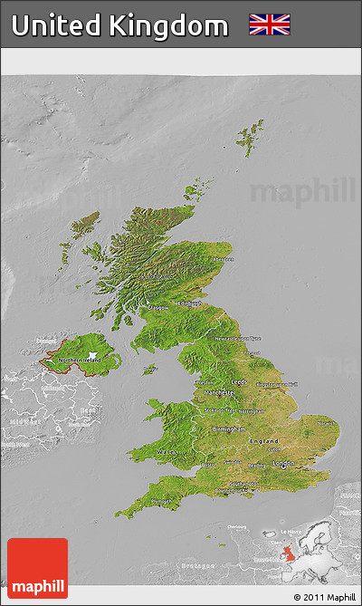 Satellite 3D Map of United Kingdom, lighten, desaturated