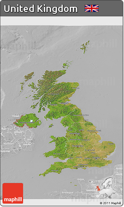Satellite 3D Map of United Kingdom, lighten, desaturated