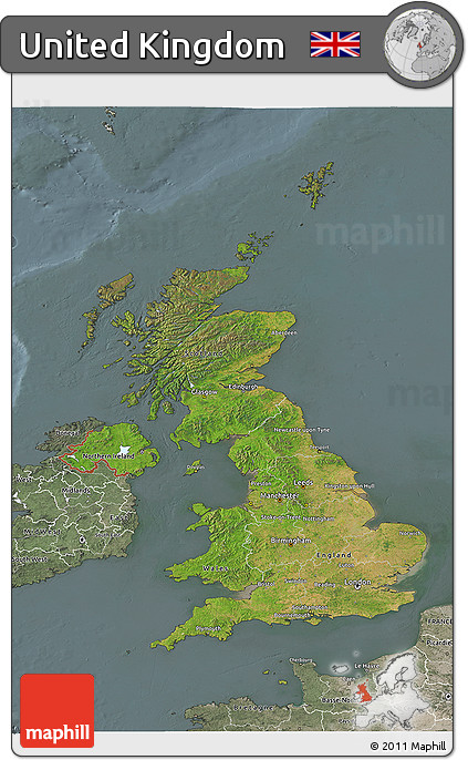 Satellite 3D Map of United Kingdom, semi-desaturated