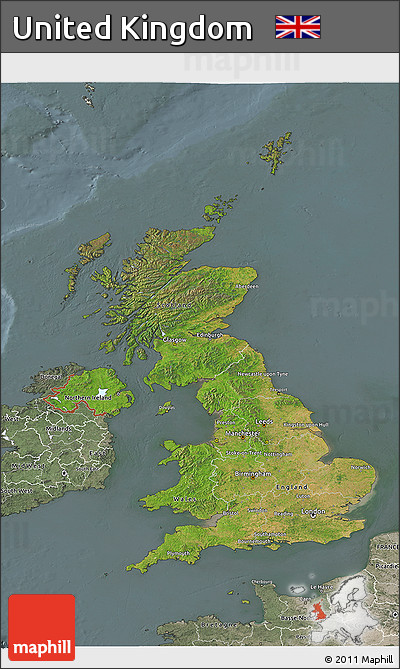 Satellite 3D Map of United Kingdom, semi-desaturated