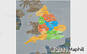 Political 3D Map of England, darken, semi-desaturated