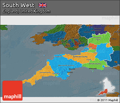 Political 3D Map of South West, darken