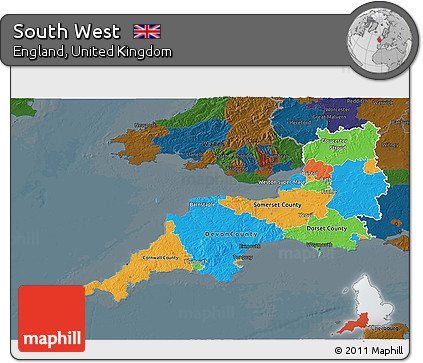 Political 3D Map of South West, darken