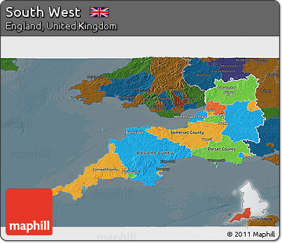 Political 3D Map of South West, darken