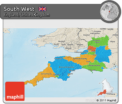 Political 3D Map of South West, shaded relief outside