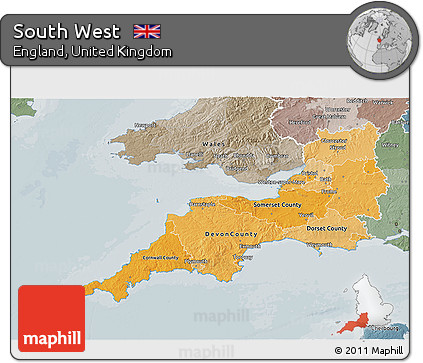 Political Shades 3D Map of South West, semi-desaturated