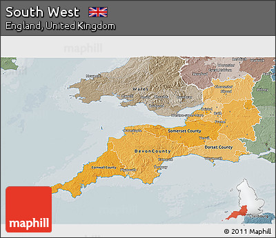 Political Shades 3D Map of South West, semi-desaturated