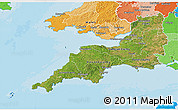 Satellite 3D Map of South West, political shades outside