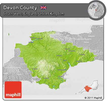 Physical 3D Map of Devon County, lighten, desaturated