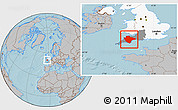 Gray Location Map of Devon County, highlighted country, highlighted parent region, hill shading