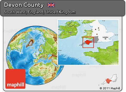 Physical Location Map of Devon County, highlighted parent region, highlighted grandparent region
