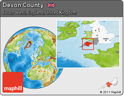 Physical Location Map of Devon County, highlighted parent region, highlighted grandparent region