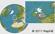 Satellite Location Map of Devon County, highlighted country, highlighted grandparent region, within the entire country