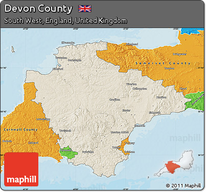 Shaded Relief Map of Devon County, political outside
