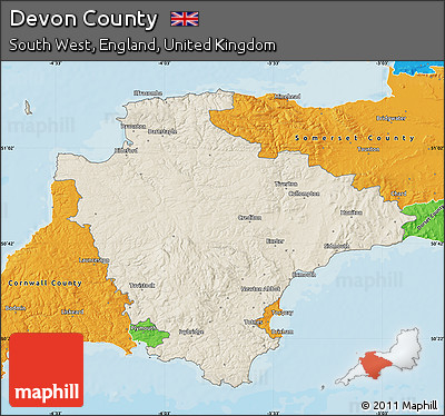 Shaded Relief Map of Devon County, political outside
