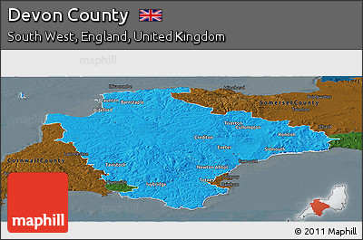 Political Panoramic Map of Devon County, darken