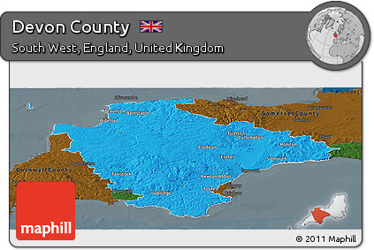 Political Panoramic Map of Devon County, darken