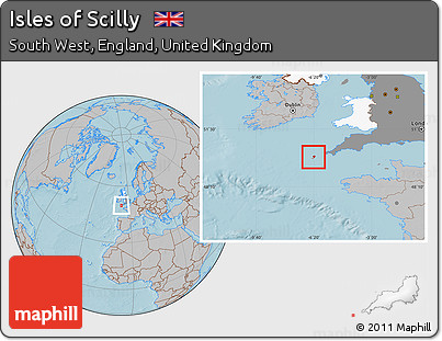 Gray Location Map of Isles of Scilly, highlighted country, highlighted grandparent region, hill shading