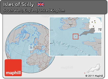 Gray Location Map of Isles of Scilly, highlighted parent region, highlighted grandparent region, hill shading