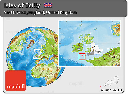 Physical Location Map of Isles of Scilly, highlighted parent region, highlighted grandparent region, within the entire country