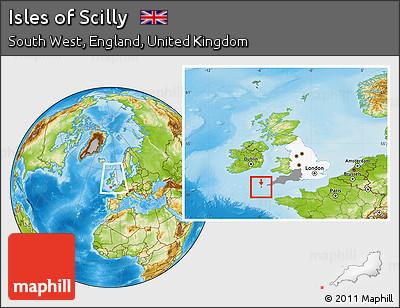 Physical Location Map of Isles of Scilly, highlighted parent region, highlighted grandparent region, within the entire country