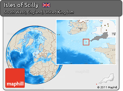 Shaded Relief Location Map of Isles of Scilly, highlighted country, highlighted parent region