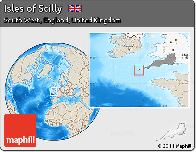 Shaded Relief Location Map of Isles of Scilly, highlighted country, highlighted parent region