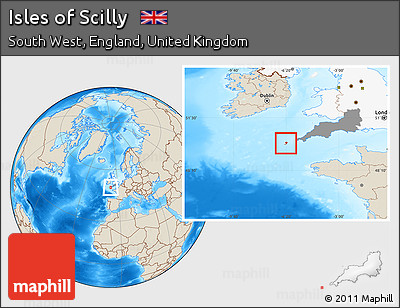 Shaded Relief Location Map of Isles of Scilly, highlighted country, highlighted parent region