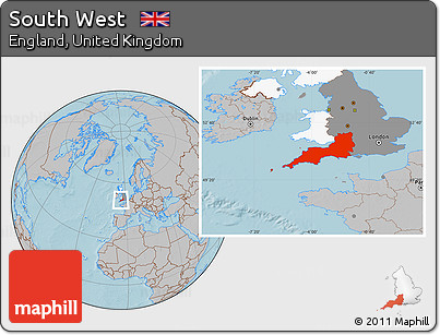 Gray Location Map of South West, highlighted country, highlighted parent region, hill shading