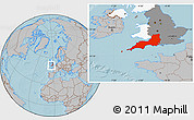 Gray Location Map of South West, highlighted country, highlighted parent region, hill shading