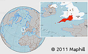 Gray Location Map of South West, highlighted country, hill shading
