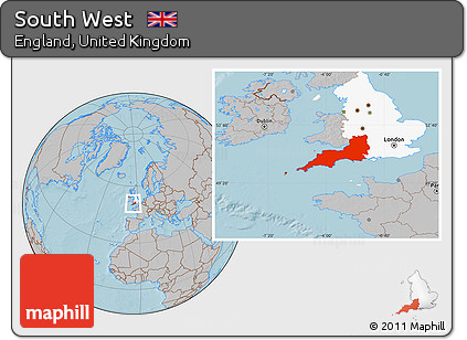 Gray Location Map of South West, highlighted parent region, hill shading