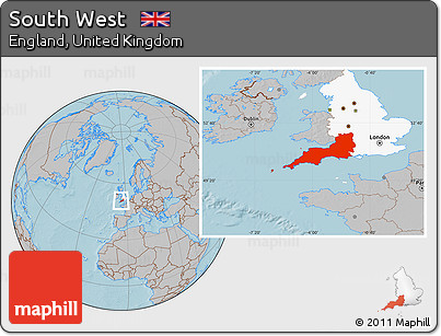 Gray Location Map of South West, highlighted parent region, hill shading