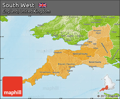Political Shades Map of South West, physical outside