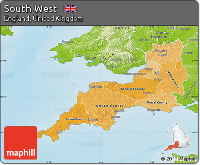 Political Shades Map of South West, physical outside