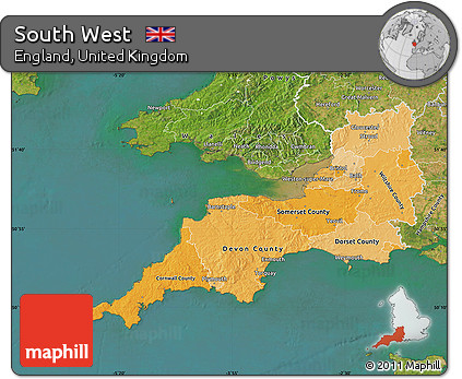 Political Shades Map of South West, satellite outside