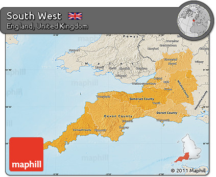 Political Shades Map of South West, shaded relief outside