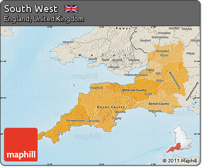 Political Shades Map of South West, shaded relief outside