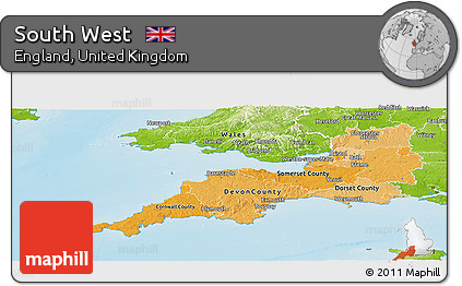 Political Shades Panoramic Map of South West, physical outside