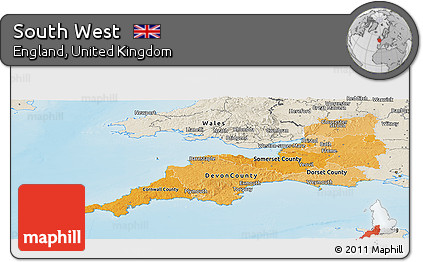 Political Shades Panoramic Map of South West, shaded relief outside