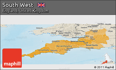 Political Shades Panoramic Map of South West, shaded relief outside
