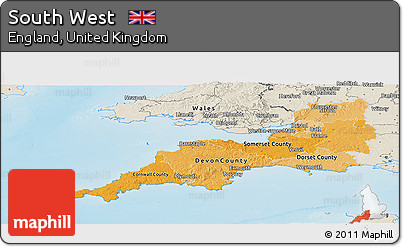 Political Shades Panoramic Map of South West, shaded relief outside