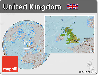 Satellite Location Map of United Kingdom, gray outside, hill shading