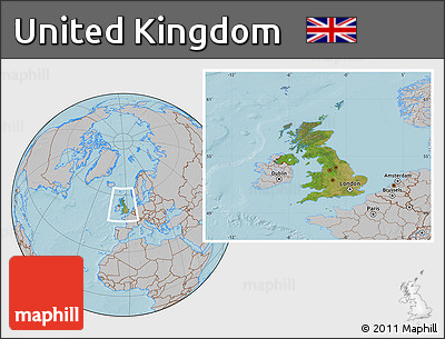 Satellite Location Map of United Kingdom, gray outside, hill shading