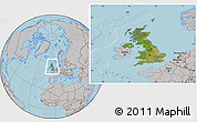 Satellite Location Map of United Kingdom, gray outside, hill shading