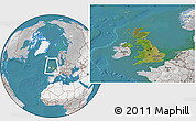 Satellite Location Map of United Kingdom, lighten, desaturated, land only