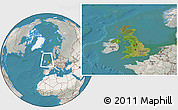 Satellite Location Map of United Kingdom, lighten, semi-desaturated, land only